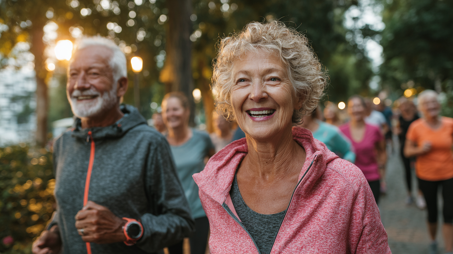 Persoane în vârstă făcând exerciții de stretching în natură