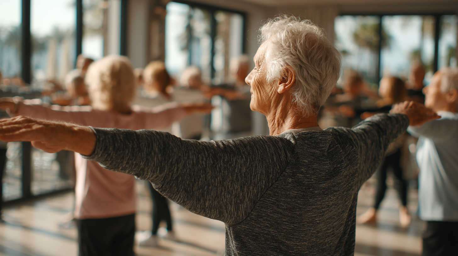 Grup de seniori practicând yoga în sala de fitness